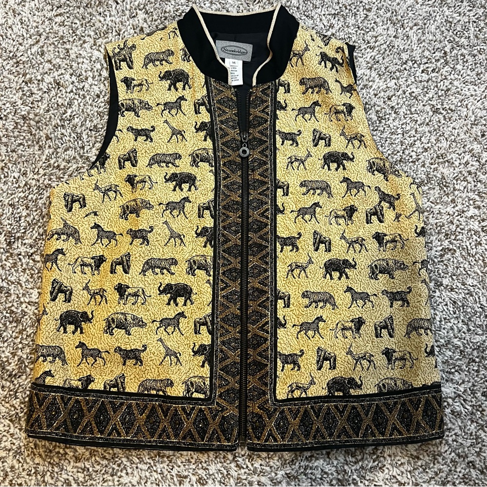 Stonebridge Vintage Safari Animal Print Linen Blend Vest Sz M